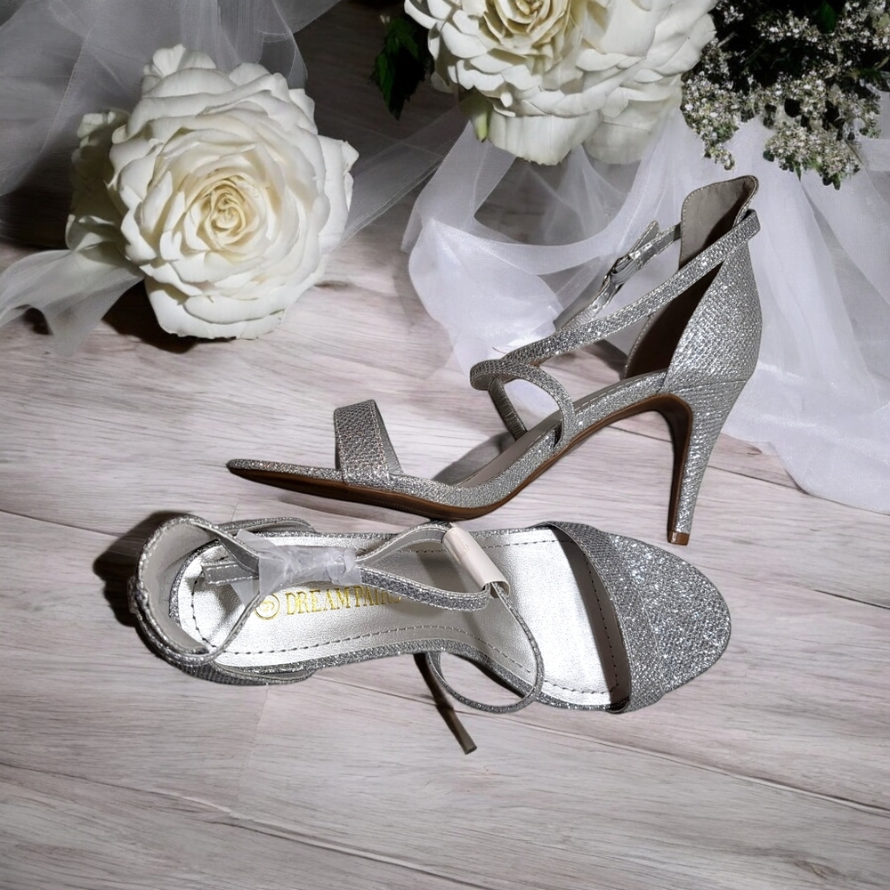 Heels Strappy Stiletto Silver Glitter Size 9 Prom Formal Homecoming